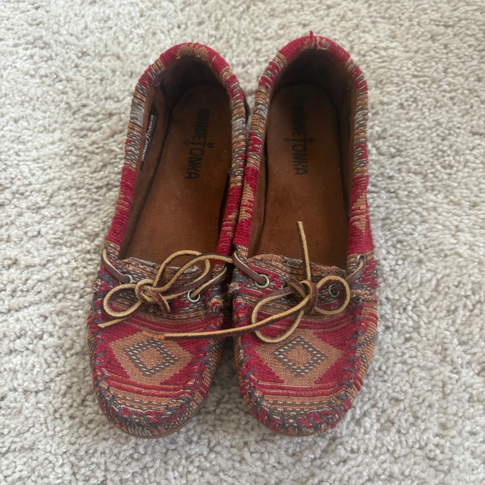Minnetonka‎ Women's Moccasin Slippers Aztec Woven Textile Slip On Shoes Size 5.5